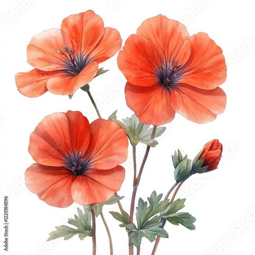 Wallpaper Mural Vibrant watercolor illustration of red poppy flowers with green leaves on a white background Torontodigital.ca