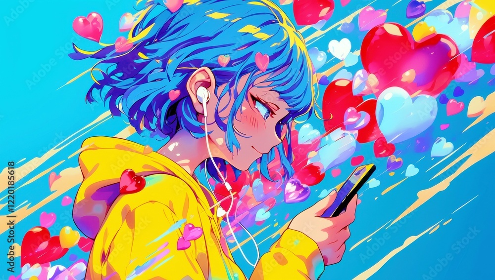 Fototapeta premium Young Woman with Blue Hair Listening to Music Surrounded by Hearts