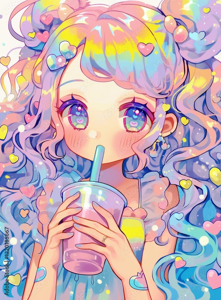 Colorful Anime Girl with Heart-Patterned Hair and Drink Colorful Anime Girl with Heart-Patterned Hair and Drink