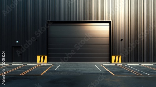 Wallpaper Mural Modern Industrial Building Exterior with Large Black Roll-Up Door and Empty Parking Lot Torontodigital.ca