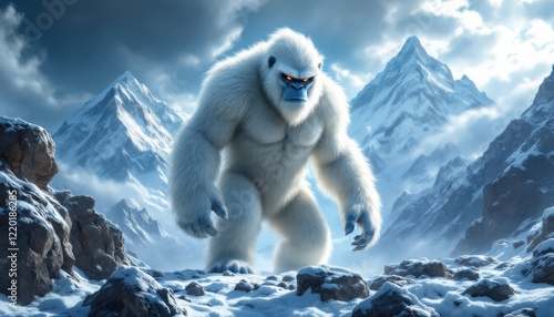 A majestic and imposing Yeti stands in a snowy mountain landscape with a cloudy sky photo