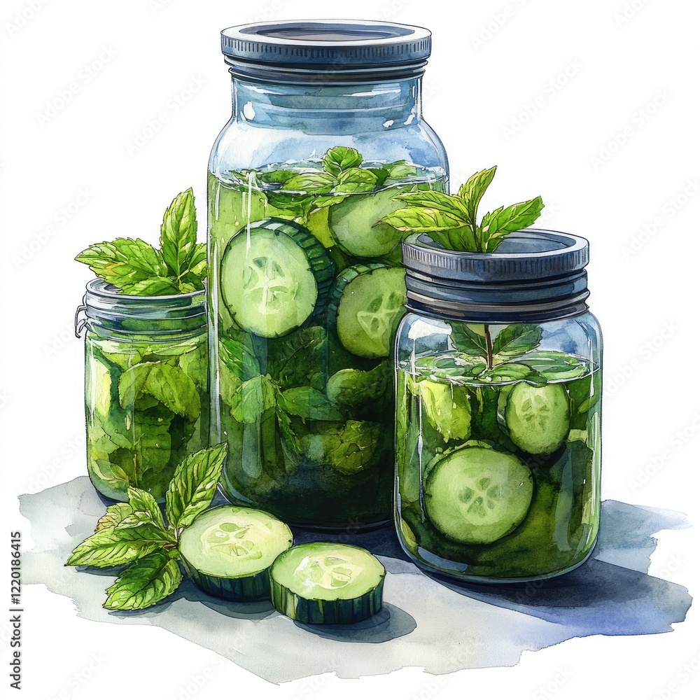 Fresh cucumber slices and mint leaves in glass jars, showcasing a vibrant, healthy lifestyle with a clean background Fresh cucumber slices and mint leaves in glass jars, showcasing a vibrant, healthy lifestyle with a clean background