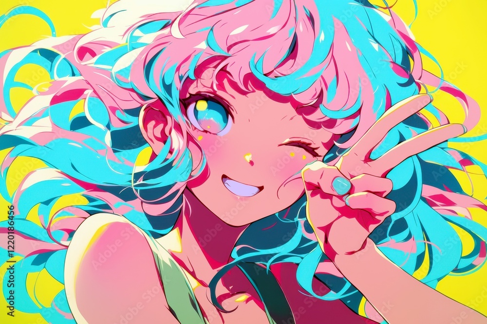 Vibrant anime girl with colorful pastel hair, winking and making a peace sign, against a bright yellow background in a bold art style Vibrant anime girl with colorful pastel hair, winking and making a peace sign, against a bright yellow background in a bold art style