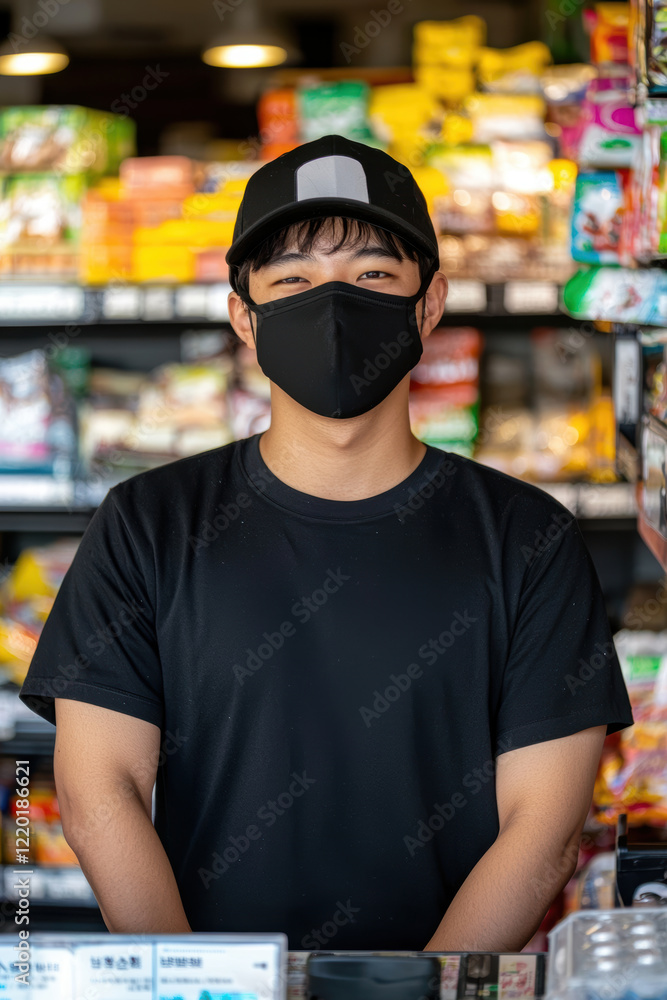 friendly masked cashier stands behind counter filled with snacks, showcasing welcoming atmosphere friendly masked cashier stands behind counter filled with snacks, showcasing welcoming atmosphere