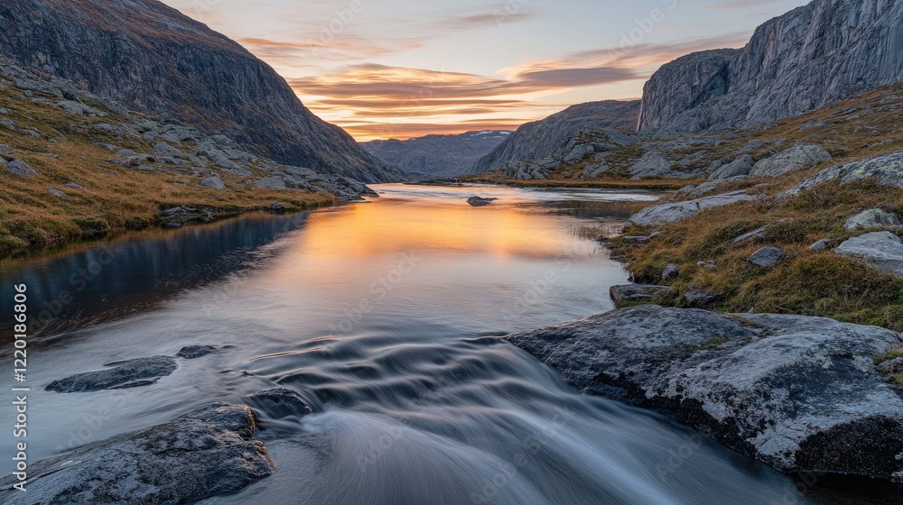 Calm river flowing through a valley with rugged mountains at sunset, the water reflecting the soft orange and pink colors of the sky. Calm river flowing through a valley with rugged mountains at sunset, the water reflecting the soft orange and pink colors of the sky.