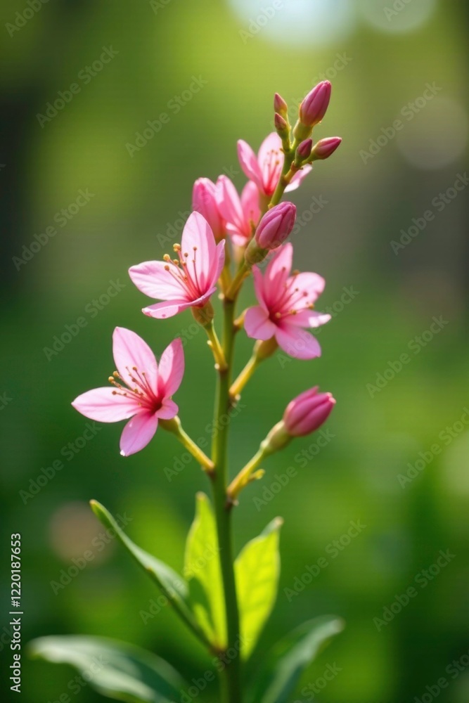 Delicate pink flowers bloom on a lush green stem in bright daylight, green foliage, spring, bloom Delicate pink flowers bloom on a lush green stem in bright daylight, green foliage, spring, bloom
