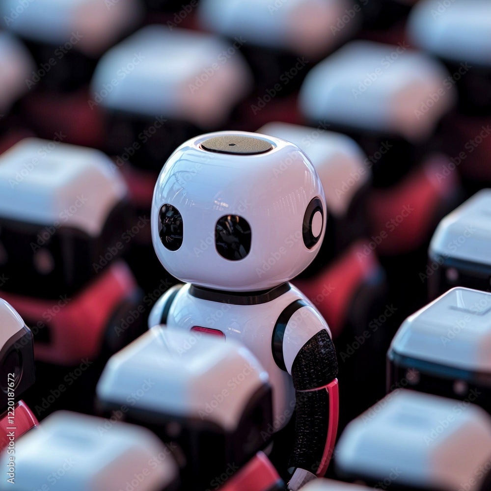 Fototapeta premium Unique Robot in a Crowd of Identical Cubes AI Innovation Technology and Future Concept