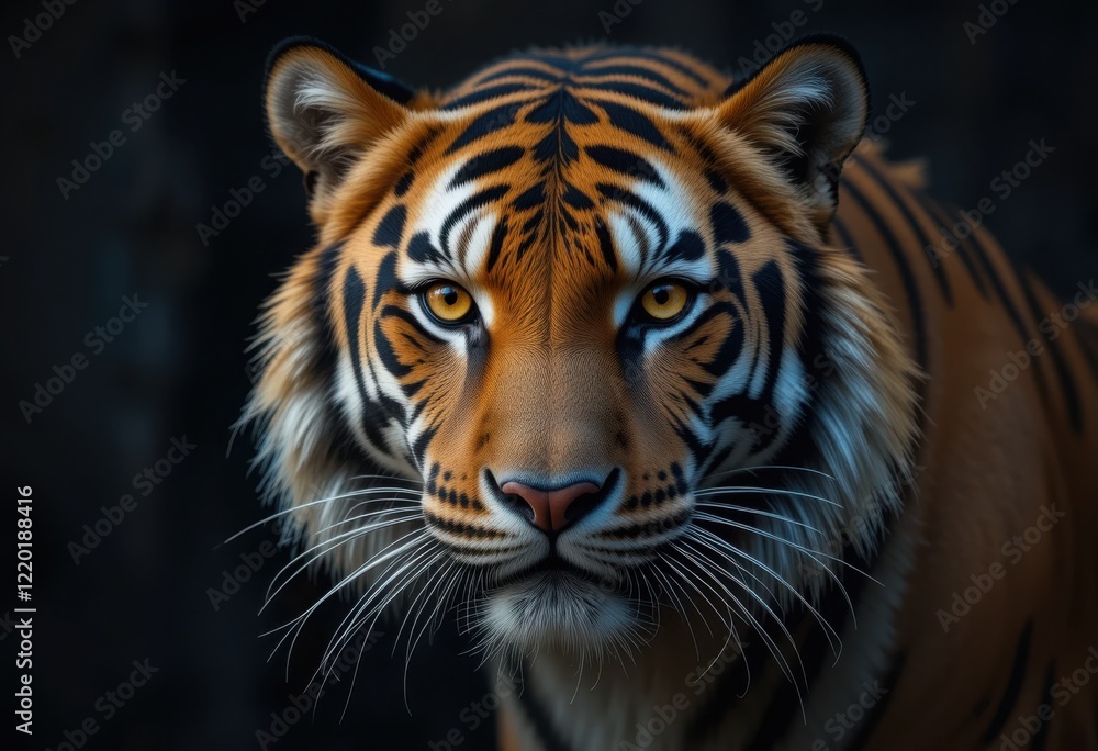 Detailed portrait of a majestic tiger with striking orange and black stripes staring directly ahead Detailed portrait of a majestic tiger with striking orange and black stripes staring directly ahead