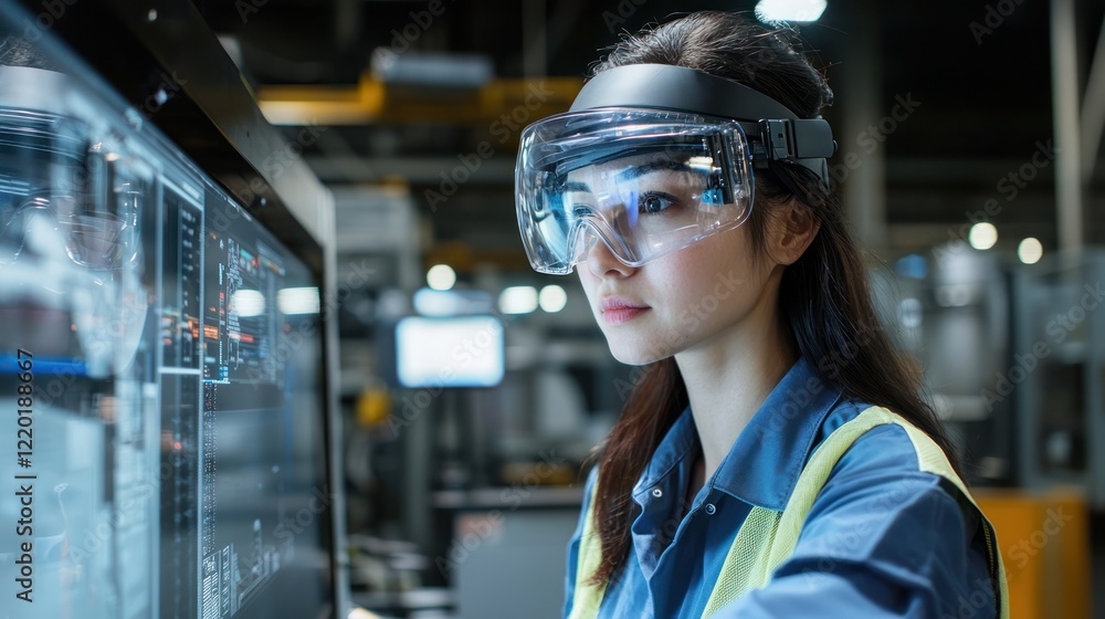 A female engineer wearing safety goggles operating machinery. A female engineer wearing safety goggles operating machinery.