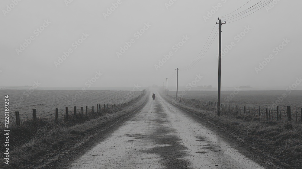 Solitary Figure on a Foggy Country Road Solitary Figure on a Foggy Country Road