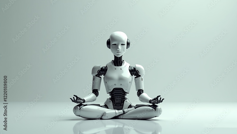 Fototapeta premium white robot doing meditation advanced engineering technological advancement moment of meditation robot's eyes are closed aura of calm minimalist