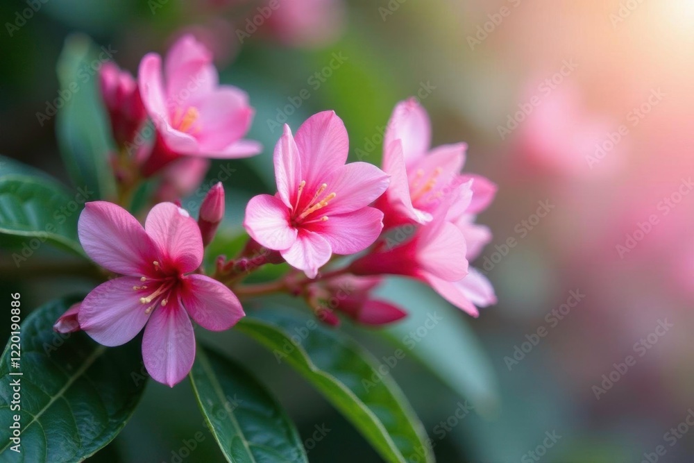 Fototapeta premium Delicate pink flowers on spotted elongated leaves, pink flowers, pink blooms