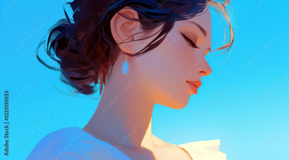 Elegant woman with closed eyes in soft lighting, showcasing beauty and serenity against a bright blue background with gentle artistic brush strokes Elegant woman with closed eyes in soft lighting, showcasing beauty and serenity against a bright blue background with gentle artistic brush strokes