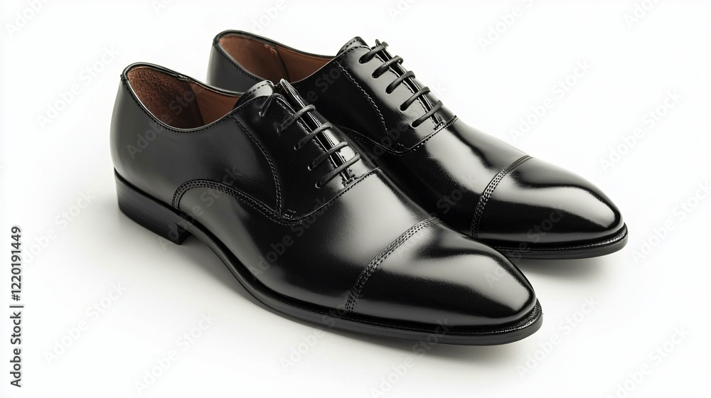 Two shiny black leather dress shoes on a white surface. Product shot for retail use Two shiny black leather dress shoes on a white surface. Product shot for retail use