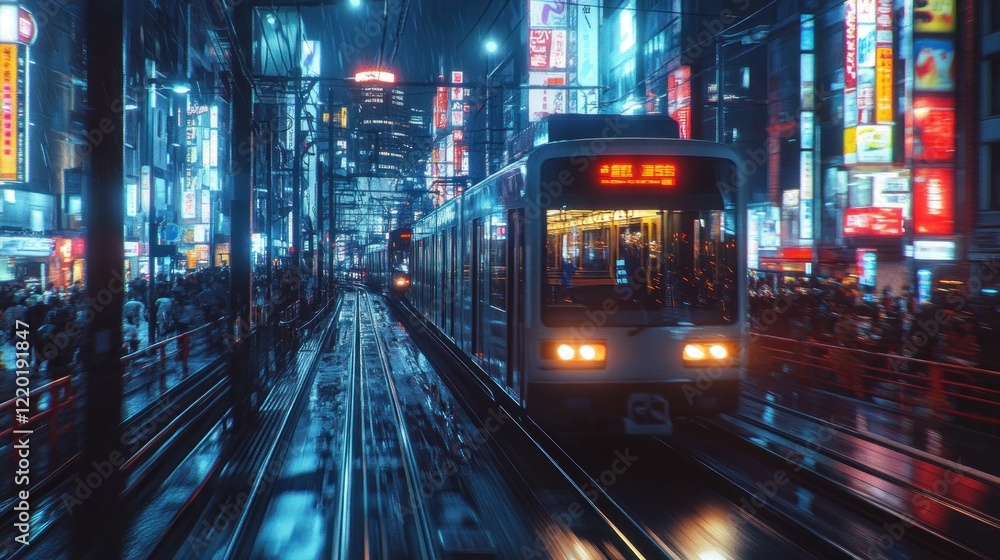 Fototapeta premium Night tram glides through vibrant city, rain-slicked streets, neon lights