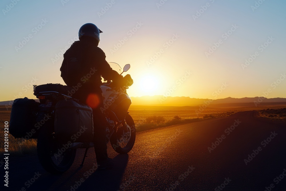 Adventurous Rider on Motorcycle Against a Dramatic Sunset Over Scenic Open Road in Desert Landscape, Capturing Freedom and Exploration Spirit Adventurous Rider on Motorcycle Against a Dramatic Sunset Over Scenic Open Road in Desert Landscape, Capturing Freedom and Exploration Spirit
