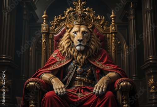 Majestic lion with crown and royal attire sitting on a gilded throne in grand hall photo