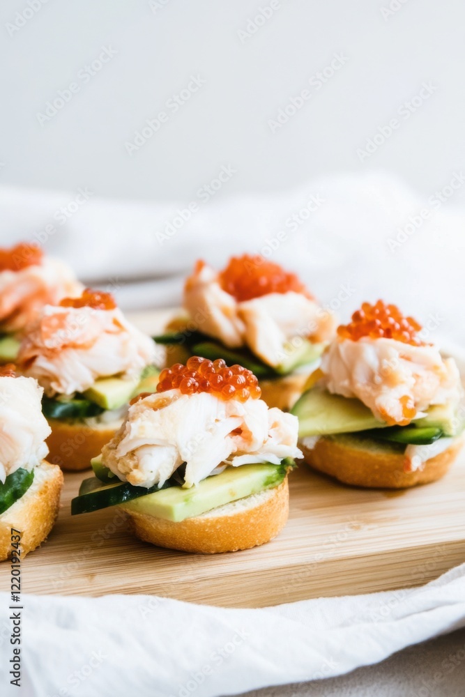 Mini sandwiches with crab meat, avocado, and caviar on a wooden surface Mini sandwiches with crab meat, avocado, and caviar on a wooden surface