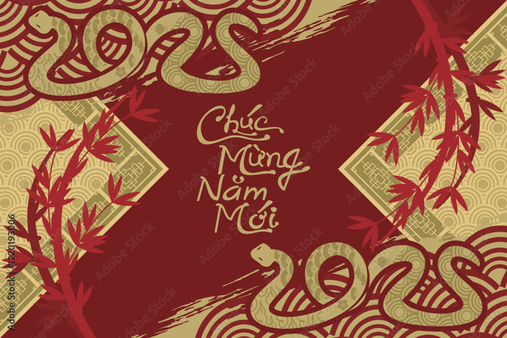 Translation: Happy New Year, 2025. Happy Vietnamese New Year Tet or Tết Day 2025 year of the snake vector illustration. Suitable for greeting card, poster and banner. Translation: Happy New Year, 2025. Happy Vietnamese New Year Tet or Tết Day 2025 year of the snake vector illustration. Suitable for greeting card, poster and banner.