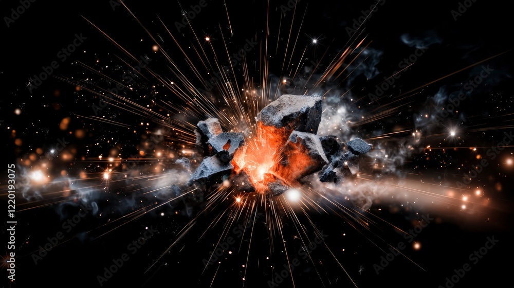Obraz premium Cosmic Rock Explosion Fiery Space Debris Starburst Background