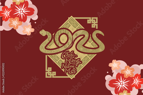Translation: Happy New Year, 2025. Happy Vietnamese New Year Tet  or Tết Day 2025 year of the snake vector illustration. Suitable for greeting card, poster and banner. 