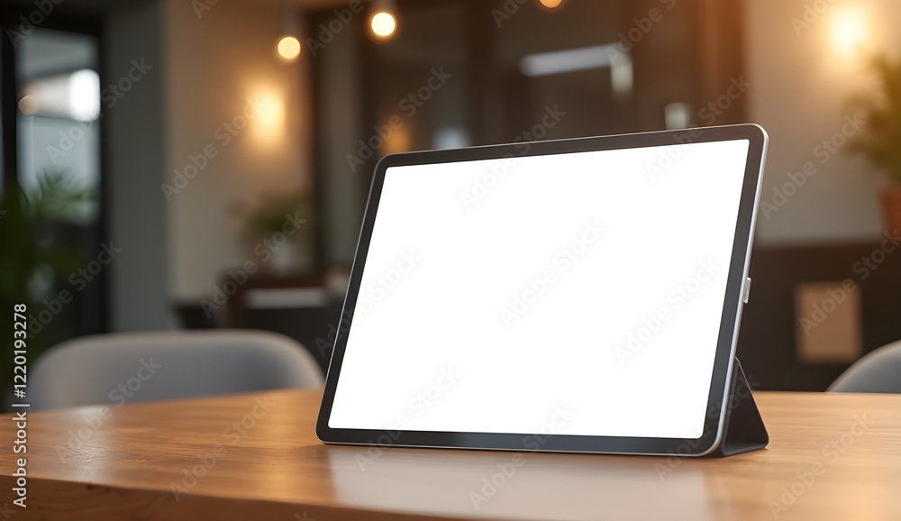Tablet computer resting on a wooden desk with a soft blurred office background in a modern setting Tablet computer resting on a wooden desk with a soft blurred office background in a modern setting