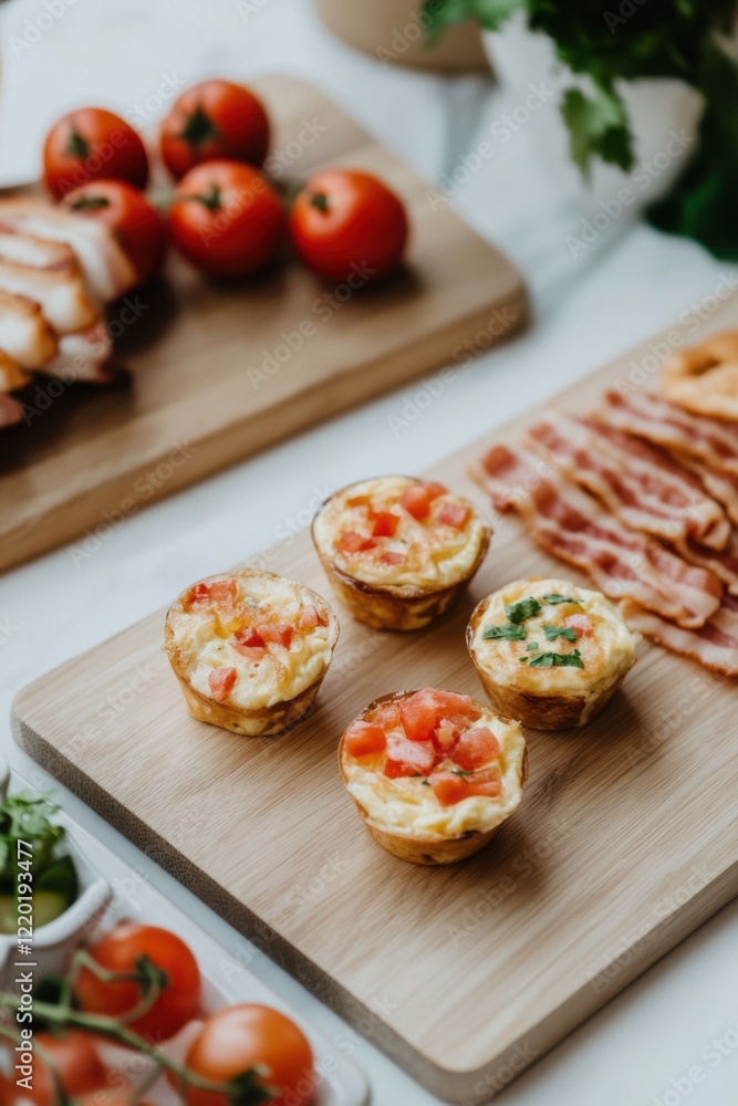 Freshly baked mini omelets with crispy bacon and ripe tomatoes on wooden board