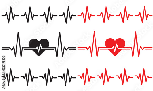 Red heartbeat line collection with heart symbol, cardiology, medical pulse, ECG, EKG design, healthcare clipart vector illustration, health monitoring, digital heartbeat graphics