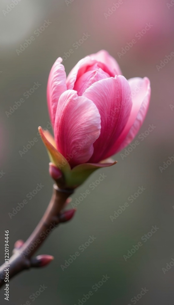Delicate pink petals unfurl on a slender twig, showcasing an almond flower in its early stages, delicate, bloom Delicate pink petals unfurl on a slender twig, showcasing an almond flower in its early stages, delicate, bloom