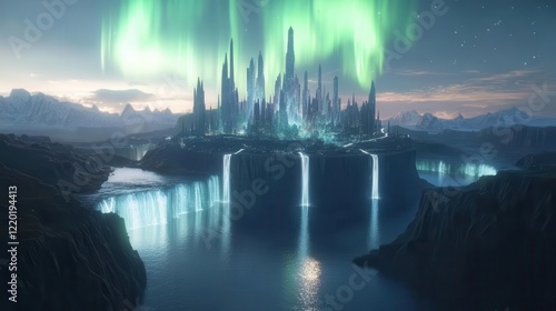 a mystical floating city at twilight crystal spires and levitating islands connected by luminous bridges waterfalls cascading into the void ethereal aurora borealis dancing above photo