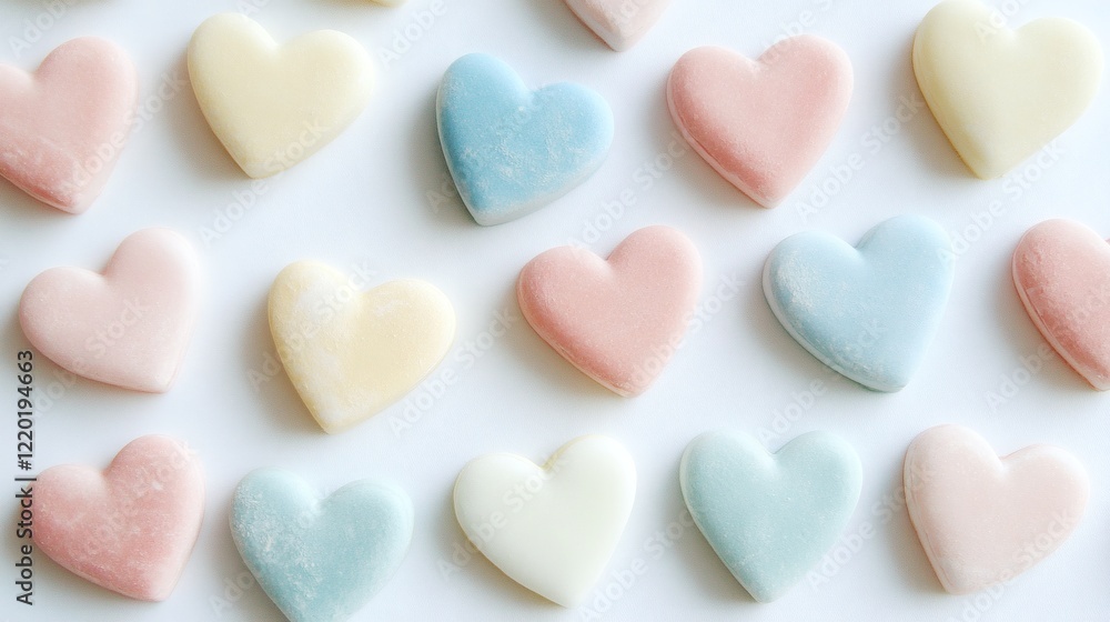 Pastel Heart-Shaped Candies on White Background Pastel Heart-Shaped Candies on White Background