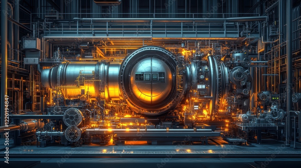 A futuristic gas turbine engine integrated into a large petrochemical plant, surrounded by gears, control units, and pipes, glowing with energy. A futuristic gas turbine engine integrated into a large petrochemical plant, surrounded by gears, control units, and pipes, glowing with energy.