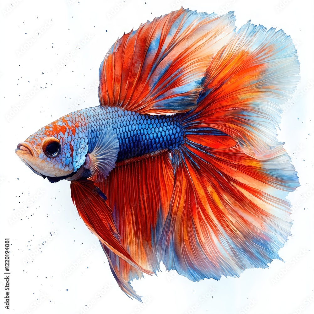 Fototapeta premium Vibrant Betta Fish with Flowing Fins Swimming Gracefully Against a White Background
