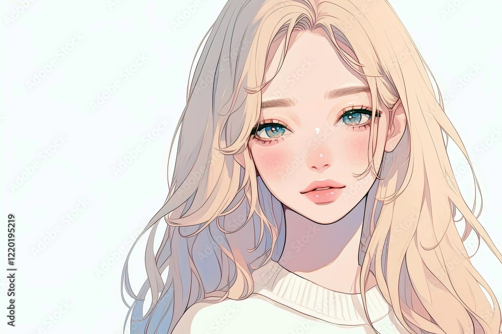 Portrait of a Young Woman with Long Blonde Hair and Bright Blue Eyes Captured in an Elegant and Minimalistic Style with Soft Features and Gentle Expression Portrait of a Young Woman with Long Blonde Hair and Bright Blue Eyes Captured in an Elegant and Minimalistic Style with Soft Features and Gentle Expression