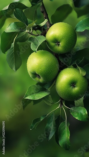 Ramas de manzano con frutas verdes frescas y hojas brillantes en un fondo natural photo