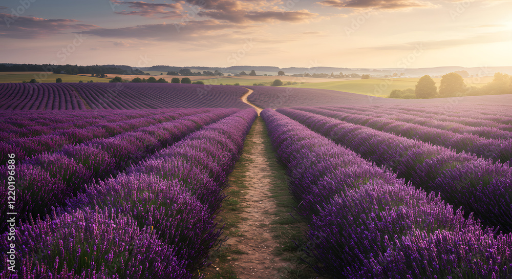 Fototapeta premium An enchanting landscape unfolds, presenting a magnificent summer vista of blossoming lavender fields