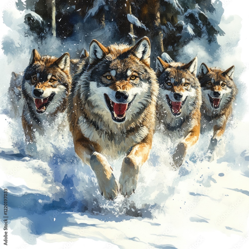 A pack of wolves running through a snowy forest, showcasing their strength and agility in winter A pack of wolves running through a snowy forest, showcasing their strength and agility in winter