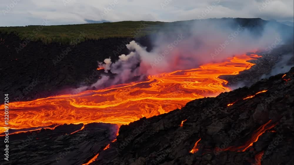 Majestic Lava Flow Cascading Through Cracked Earth Surrounded by Volcanic Landscape and billowing Smoke Against a Dramatic Sky in a Natural Setting Majestic Lava Flow Cascading Through Cracked Earth Surrounded by Volcanic Landscape and billowing Smoke Against a Dramatic Sky in a Natural Setting