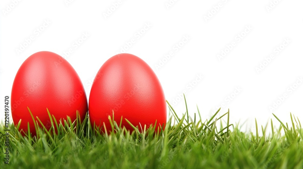 Two red Easter eggs on green grass, isolated against a white background Two red Easter eggs on green grass, isolated against a white background