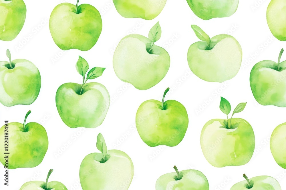 A painting of green apples with leaves on them A painting of green apples with leaves on them