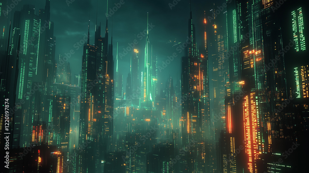 Fototapeta premium Futuristic Cityscape at Night with Glowing Towers