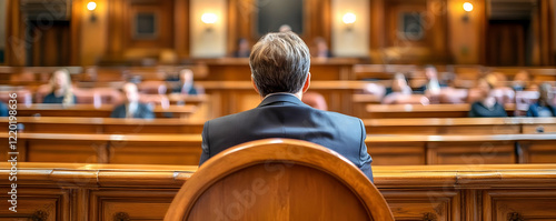 Man sits in chamber, audience blurred