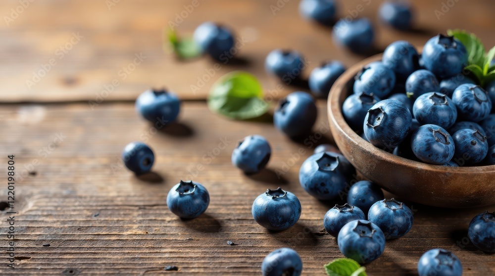 A rustic wooden surface is scattered with plump, juicy blueberries, a bowl overflowing with more of the delicious berries sits at the center, surrounded by fresh green leaves. A rustic wooden surface is scattered with plump, juicy blueberries, a bowl overflowing with more of the delicious berries sits at the center, surrounded by fresh green leaves.