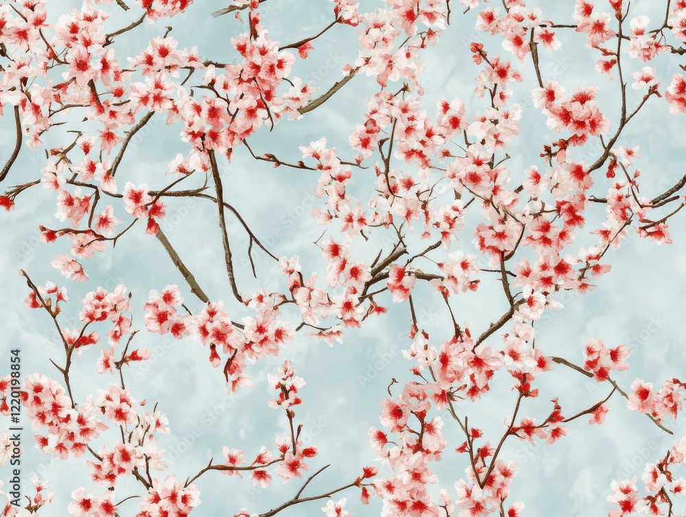 Branches of White Cherry Blossoms with Brown Stems against a Light Blue Sky Branches of White Cherry Blossoms with Brown Stems against a Light Blue Sky