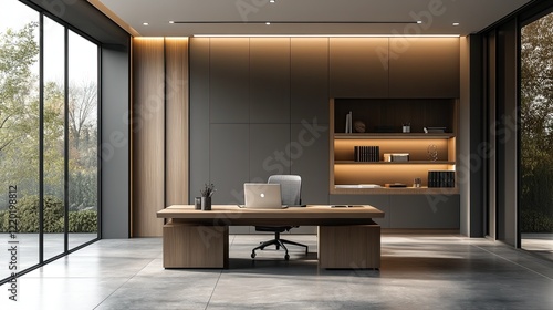 Wallpaper Mural A minimalist workspace with a desk, laptop, and clean aesthetic, symbolizing productivity, organization, and modern office design, perfect for business, corporate, and lifestyle-focused content. Torontodigital.ca