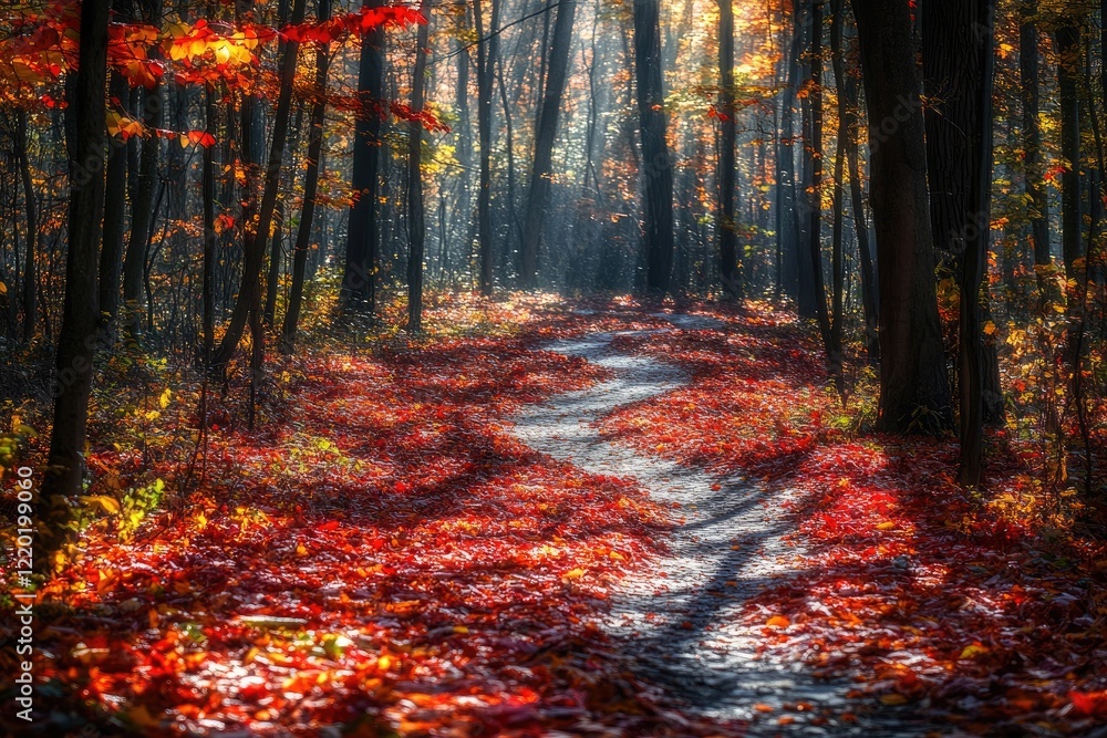 Enchanting autumn forest with vibrant red, orange, and yellow leaves, a winding path covered with fallen leaves, sunlight filtering through trees. Enchanting autumn forest with vibrant red, orange, and yellow leaves, a winding path covered with fallen leaves, sunlight filtering through trees.