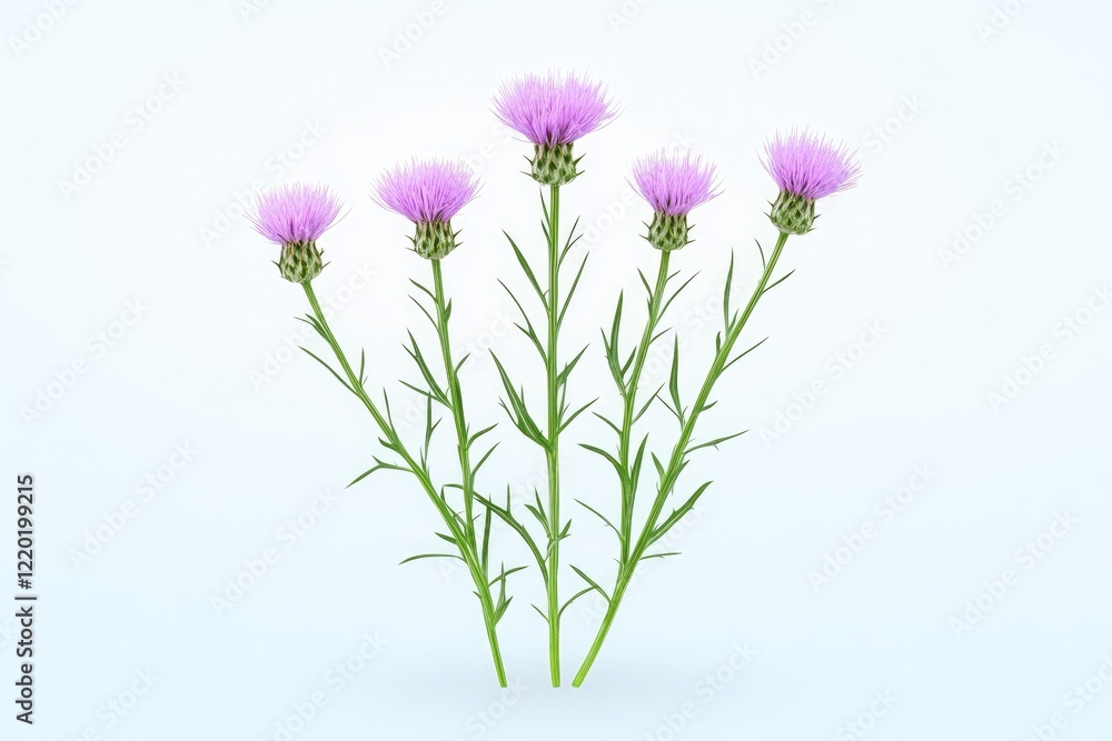 Vibrant pink thistle flowers with slender green stems against a soft blue background, ideal for botanical use Vibrant pink thistle flowers with slender green stems against a soft blue background, ideal for botanical use