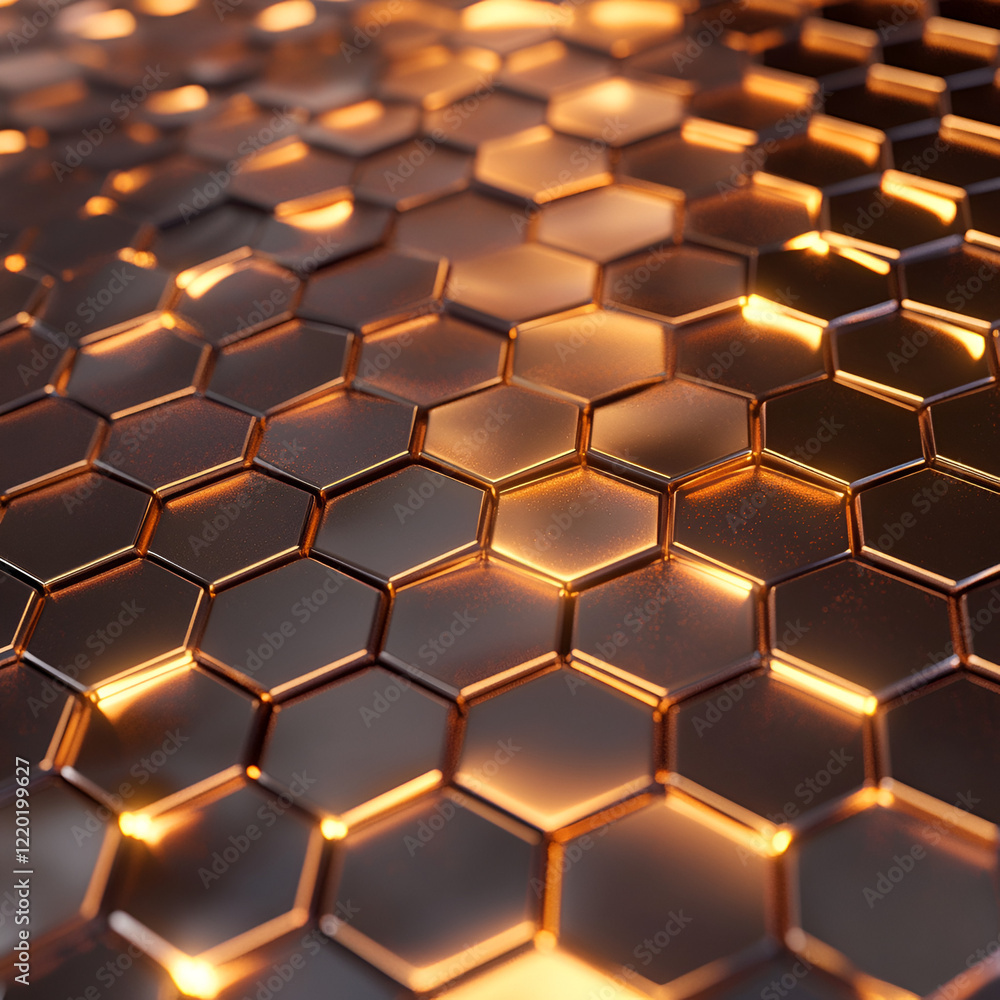 Abstract Hexagon Pattern: A captivating abstract background image featuring an array of copper hexagons illuminated by soft, warm light. Abstract Hexagon Pattern: A captivating abstract background image featuring an array of copper hexagons illuminated by soft, warm light.