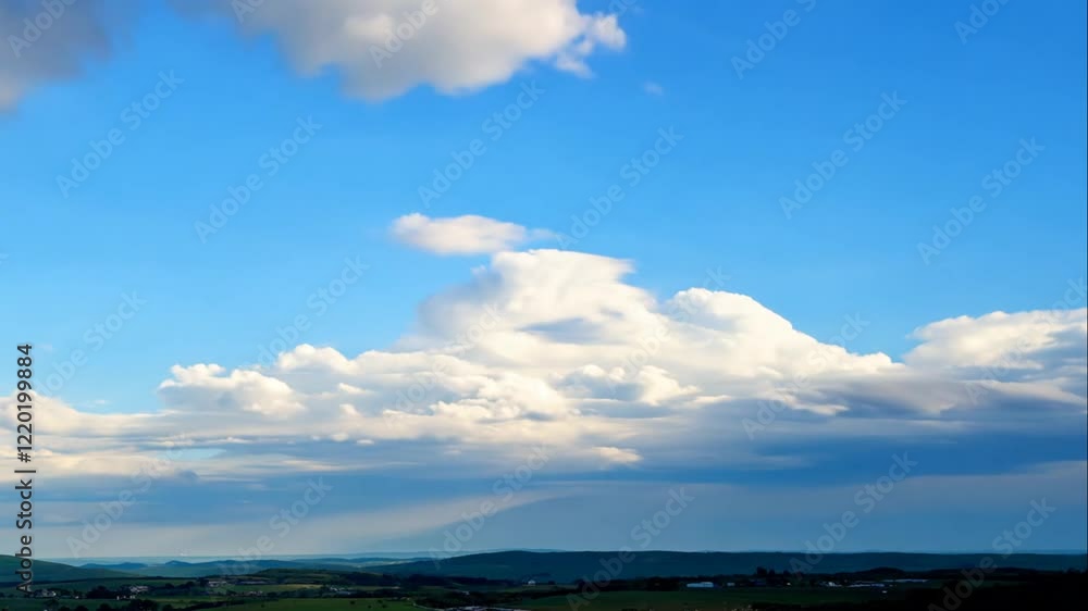 Vibrant Blue Sky with Fluffy White Clouds Overrolling Green Hills During Daylight – Nature's Breathtaking Landscape Captured in Tranquility Vibrant Blue Sky with Fluffy White Clouds Overrolling Green Hills During Daylight – Nature's Breathtaking Landscape Captured in Tranquility