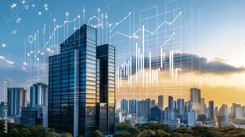 Cityscape building with chart analytic, Economy finance growing with Innovation, successful. Digital technology background, growth diagram stats, corporation theme. 